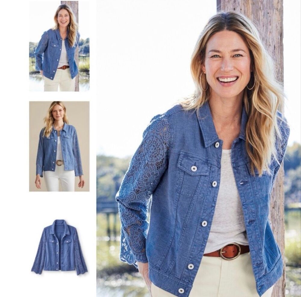 Soft Surroundings Lace Mixed Media Varese Linen Blend Jacket Blue M NWT
